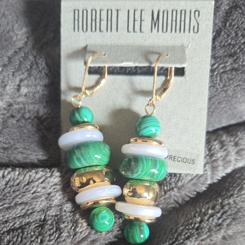 Robert Lee Morris Soho Mixed Beaded Green & Gold Drop Earrings NWT✨️ - Picture 2 of 4
